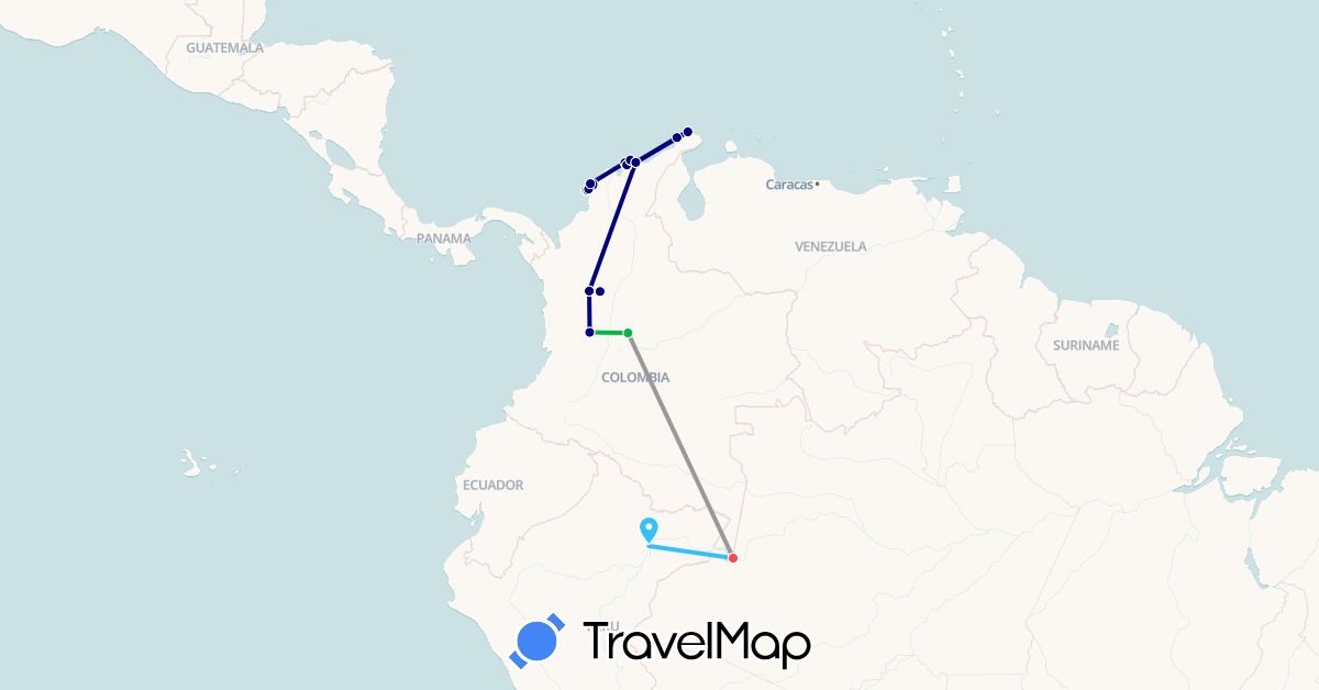 TravelMap itinerary: driving, bus, plane, hiking, boat in Colombia, Peru (South America)